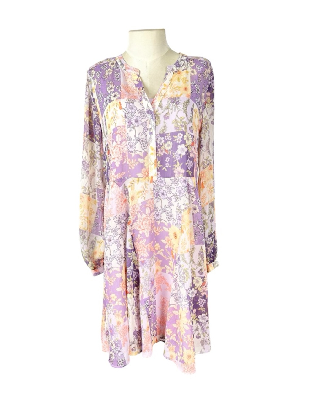 NWT LOFT Floral Godet Split Neck Swing Dress Pastel Patchwork size Small
